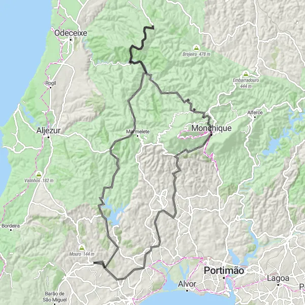 Miniatura do mapa de inspiração para ciclismo "Exploração Serrana" em Algarve, Portugal. Gerado pelo planejador de rotas de ciclismo Tarmacs.app