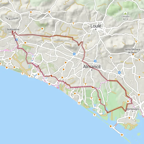 Map miniature of "Scenic Gravel Ride to Quarteira" cycling inspiration in Algarve, Portugal. Generated by Tarmacs.app cycling route planner