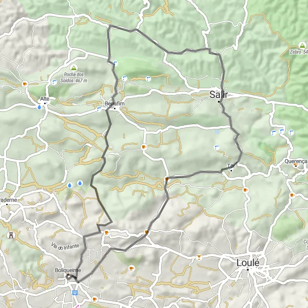 Map miniature of "Boliqueime - Espargal - Serrão - Castelo de Salir - Boliqueime" cycling inspiration in Algarve, Portugal. Generated by Tarmacs.app cycling route planner