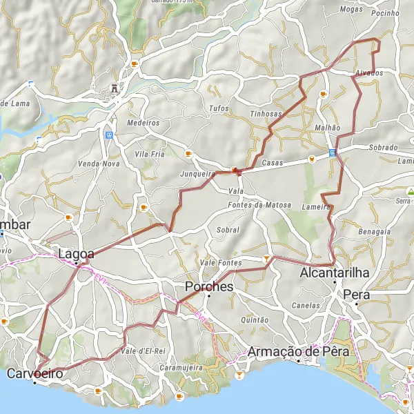 Miniatura do mapa de inspiração para ciclismo "Rota Cénica dos Lagosteiros" em Algarve, Portugal. Gerado pelo planejador de rotas de ciclismo Tarmacs.app