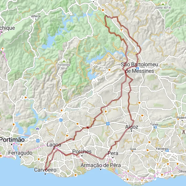 Miniatura do mapa de inspiração para ciclismo "Trilho de Gravel das Aldeias Enxadas" em Algarve, Portugal. Gerado pelo planejador de rotas de ciclismo Tarmacs.app