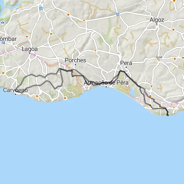 Miniatura do mapa de inspiração para ciclismo "Circuito Rodoviário Estância Marítima" em Algarve, Portugal. Gerado pelo planejador de rotas de ciclismo Tarmacs.app