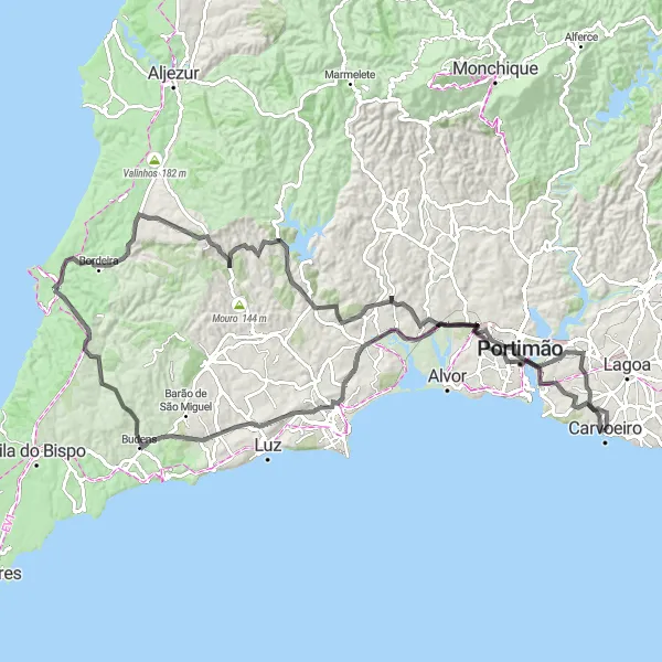 Miniatura do mapa de inspiração para ciclismo "Desafio da Serra e Costa" em Algarve, Portugal. Gerado pelo planejador de rotas de ciclismo Tarmacs.app