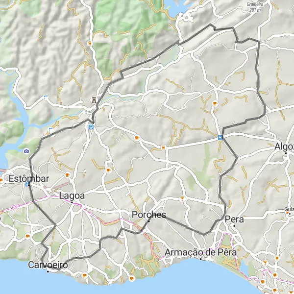 Miniatura do mapa de inspiração para ciclismo "Rota das Aldeias e Vinhas" em Algarve, Portugal. Gerado pelo planejador de rotas de ciclismo Tarmacs.app