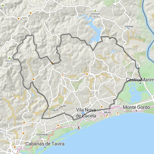 Miniatura do mapa de inspiração para ciclismo "Rota do Castro Marim Road 2" em Algarve, Portugal. Gerado pelo planejador de rotas de ciclismo Tarmacs.app