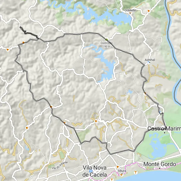 Miniatura do mapa de inspiração para ciclismo "Rota de Ciclismo de Estrada de Castro Marim" em Algarve, Portugal. Gerado pelo planejador de rotas de ciclismo Tarmacs.app
