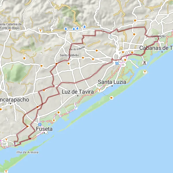 Miniatura do mapa de inspiração para ciclismo "Rota Gravel de Tavira" em Algarve, Portugal. Gerado pelo planejador de rotas de ciclismo Tarmacs.app