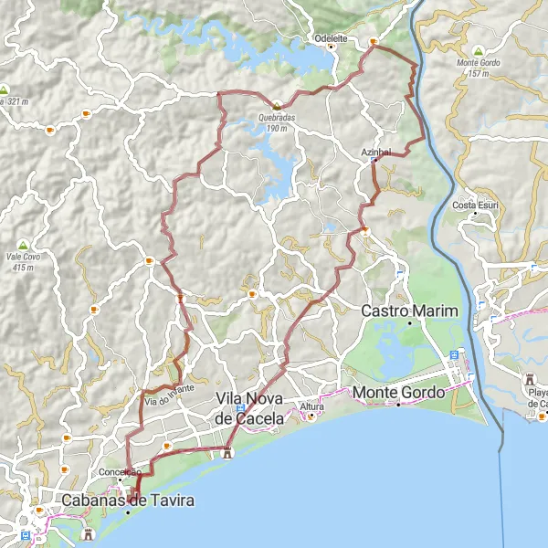 Miniatura do mapa de inspiração para ciclismo "Trilho da Ursa e Cacela Velha" em Algarve, Portugal. Gerado pelo planejador de rotas de ciclismo Tarmacs.app