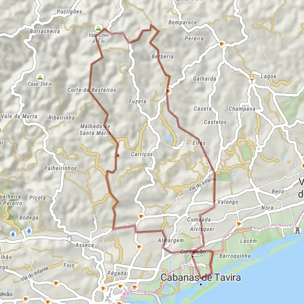 Miniatura do mapa de inspiração para ciclismo "Trilho do Cerro do Mestre" em Algarve, Portugal. Gerado pelo planejador de rotas de ciclismo Tarmacs.app