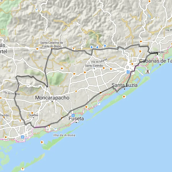 Miniatura do mapa de inspiração para ciclismo "Tour de Luz de Tavira e Cerro do Major" em Algarve, Portugal. Gerado pelo planejador de rotas de ciclismo Tarmacs.app