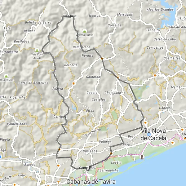 Miniatura do mapa de inspiração para ciclismo "Rota do Cerro do Mestre" em Algarve, Portugal. Gerado pelo planejador de rotas de ciclismo Tarmacs.app