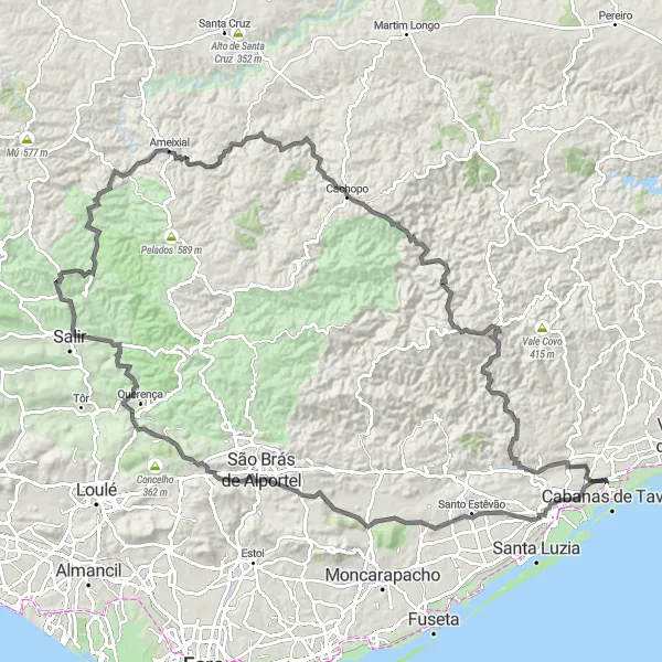 Miniatura do mapa de inspiração para ciclismo "Rota do Castelo de Tavira e Cachopo" em Algarve, Portugal. Gerado pelo planejador de rotas de ciclismo Tarmacs.app