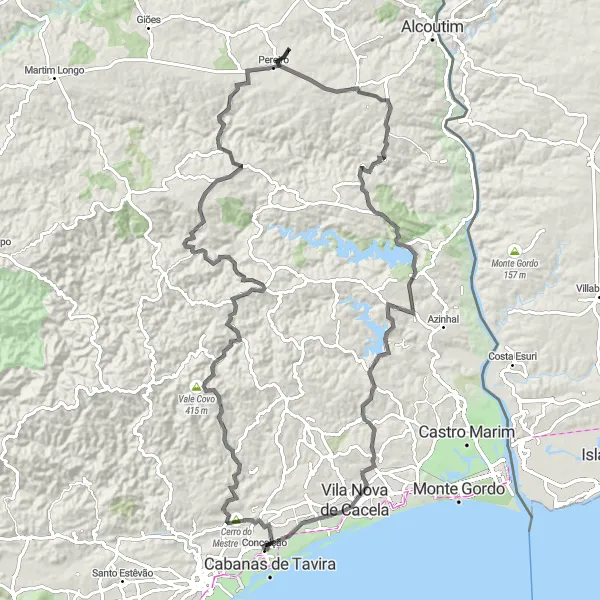 Miniatura do mapa de inspiração para ciclismo "Circuito de Odeleite e Vila Nova de Cacela" em Algarve, Portugal. Gerado pelo planejador de rotas de ciclismo Tarmacs.app