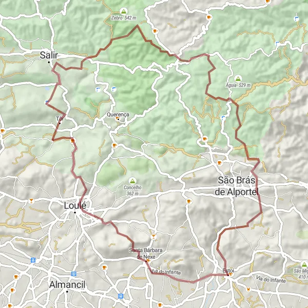 Miniatura do mapa de inspiração para ciclismo "Rota da Serra de Nexe" em Algarve, Portugal. Gerado pelo planejador de rotas de ciclismo Tarmacs.app