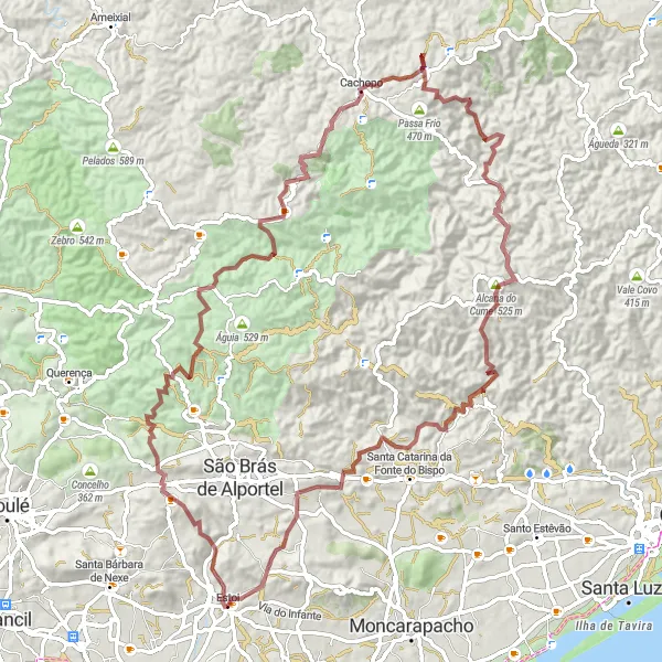 Miniatura do mapa de inspiração para ciclismo "Caminho das Montanhas de Estoi" em Algarve, Portugal. Gerado pelo planejador de rotas de ciclismo Tarmacs.app