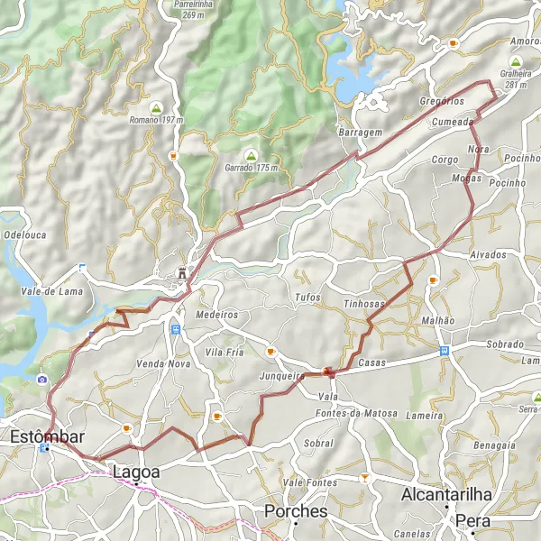 Map miniature of "Estômbar - Silves - Lagoa - Estômbar" cycling inspiration in Algarve, Portugal. Generated by Tarmacs.app cycling route planner