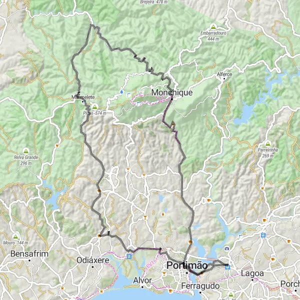 Map miniature of "Estômbar - Monchique - Estômbar" cycling inspiration in Algarve, Portugal. Generated by Tarmacs.app cycling route planner