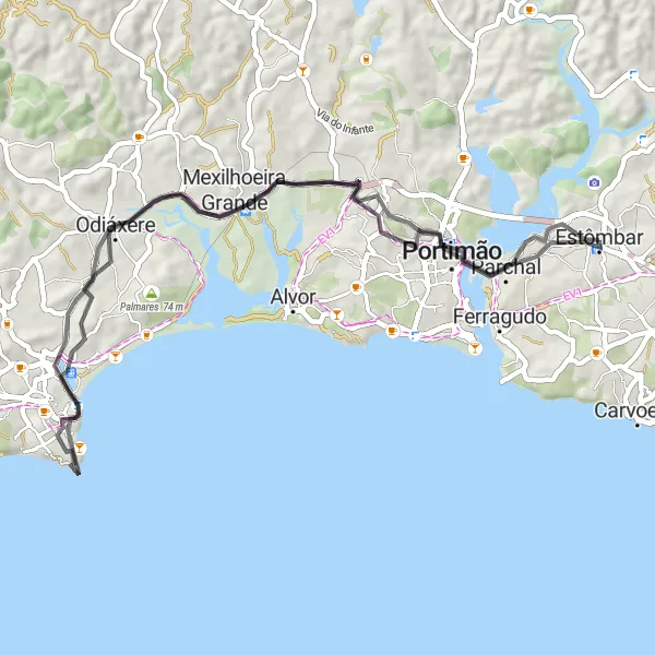 Map miniature of "Estômbar - Odiáxere - Ponta da Piedade - Estômbar" cycling inspiration in Algarve, Portugal. Generated by Tarmacs.app cycling route planner