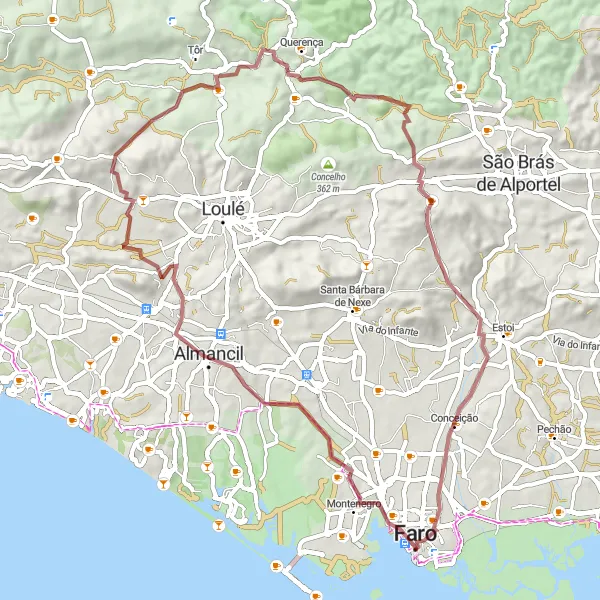 Miniatura do mapa de inspiração para ciclismo "Caminho Rural de Faro a Almancil" em Algarve, Portugal. Gerado pelo planejador de rotas de ciclismo Tarmacs.app