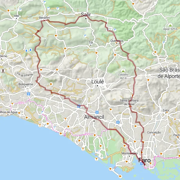 Miniatura do mapa de inspiração para ciclismo "Desafio Montanhoso de Faro a Santa Bárbara de Nexe" em Algarve, Portugal. Gerado pelo planejador de rotas de ciclismo Tarmacs.app