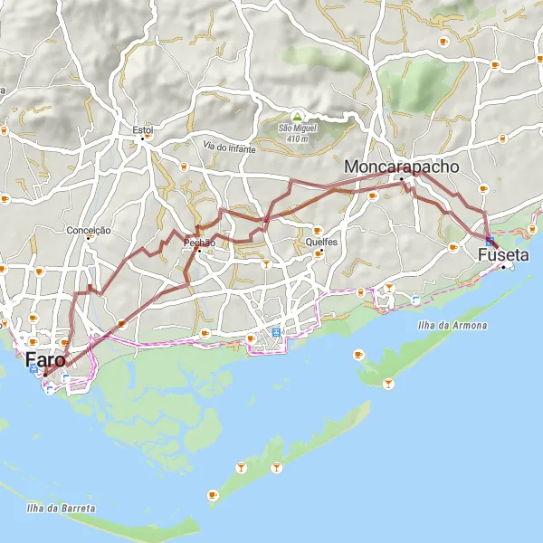 Miniatura do mapa de inspiração para ciclismo "Rota Cenica de Faro a Pechão" em Algarve, Portugal. Gerado pelo planejador de rotas de ciclismo Tarmacs.app