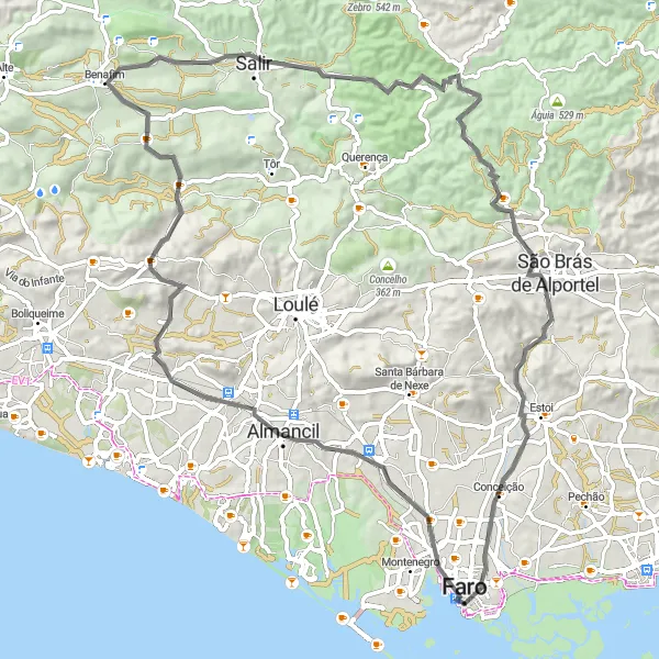 Miniatura do mapa de inspiração para ciclismo "Desafio em Almancil e Salir" em Algarve, Portugal. Gerado pelo planejador de rotas de ciclismo Tarmacs.app