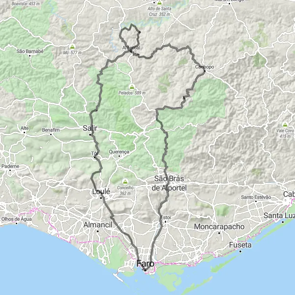 Miniatura do mapa de inspiração para ciclismo "Desafio Épico pela Serra do Caldeirão" em Algarve, Portugal. Gerado pelo planejador de rotas de ciclismo Tarmacs.app