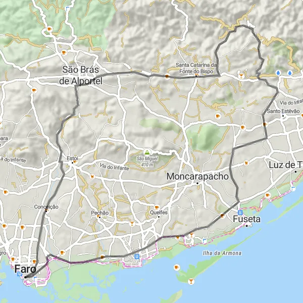 Miniatura do mapa de inspiração para ciclismo "Jornada pelos Caminhos de São Brás e Olhão" em Algarve, Portugal. Gerado pelo planejador de rotas de ciclismo Tarmacs.app