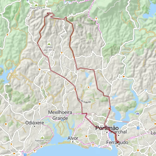 Miniatura do mapa de inspiração para ciclismo "Rota Tholos de Alcalar" em Algarve, Portugal. Gerado pelo planejador de rotas de ciclismo Tarmacs.app