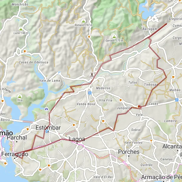 Miniatura do mapa de inspiração para ciclismo "Rota Costeira de Ferragudo" em Algarve, Portugal. Gerado pelo planejador de rotas de ciclismo Tarmacs.app