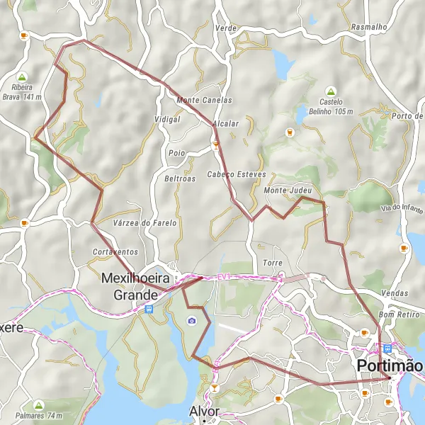 Miniatura do mapa de inspiração para ciclismo "Ciclovia Mexilhoeira Grande" em Algarve, Portugal. Gerado pelo planejador de rotas de ciclismo Tarmacs.app