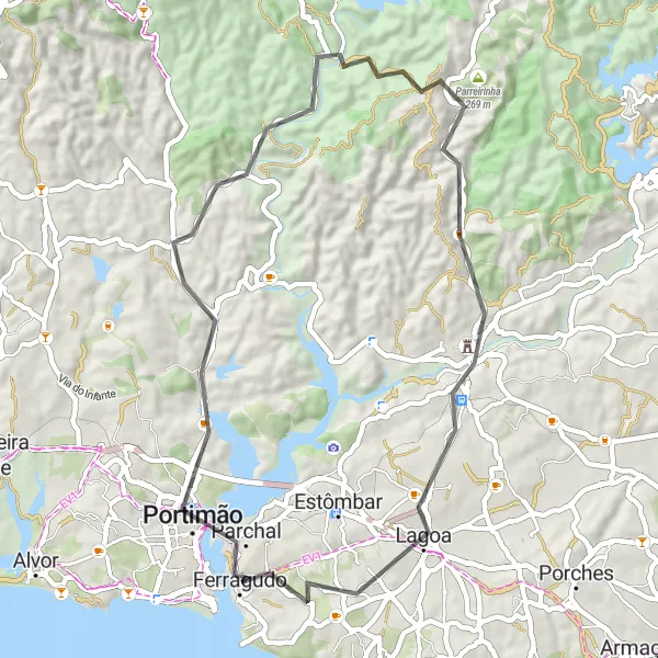 Miniatura do mapa de inspiração para ciclismo "Exploração da Costa Litoral" em Algarve, Portugal. Gerado pelo planejador de rotas de ciclismo Tarmacs.app