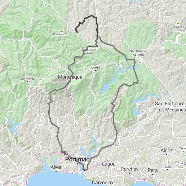 Miniatura do mapa de inspiração para ciclismo "Tour das Colinas Algarvias" em Algarve, Portugal. Gerado pelo planejador de rotas de ciclismo Tarmacs.app
