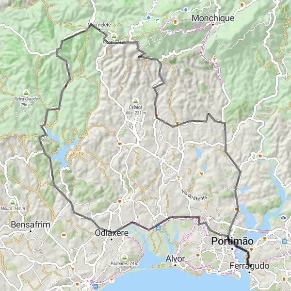 Miniatura do mapa de inspiração para ciclismo "Rota dos Montes e Vales" em Algarve, Portugal. Gerado pelo planejador de rotas de ciclismo Tarmacs.app