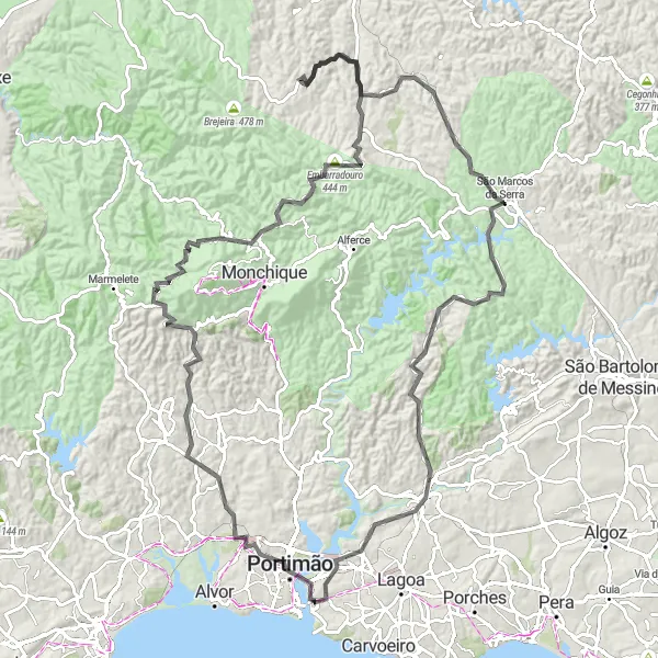Miniatura do mapa de inspiração para ciclismo "Ciclovia Cimalhas" em Algarve, Portugal. Gerado pelo planejador de rotas de ciclismo Tarmacs.app