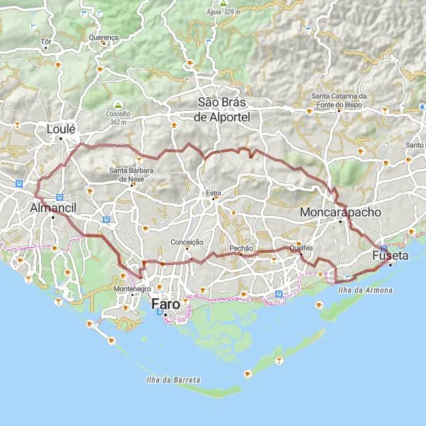 Miniatura do mapa de inspiração para ciclismo "Exploração de Quelfes a Fuseta" em Algarve, Portugal. Gerado pelo planejador de rotas de ciclismo Tarmacs.app
