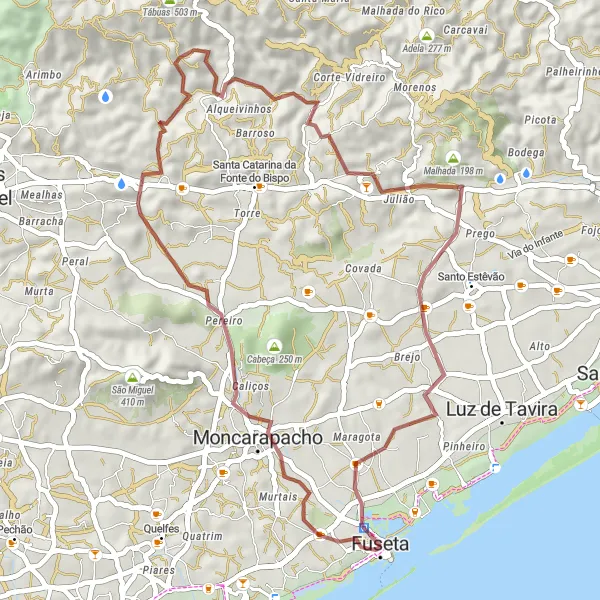 Map miniature of "Fuzeta - Moncarapacho - Desbarato - Carvalhoso - Vigia - Fuseta" cycling inspiration in Algarve, Portugal. Generated by Tarmacs.app cycling route planner