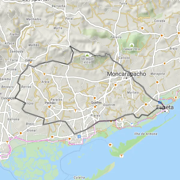 Miniatura do mapa de inspiração para ciclismo "Descoberta de Olhão a Fuseta" em Algarve, Portugal. Gerado pelo planejador de rotas de ciclismo Tarmacs.app