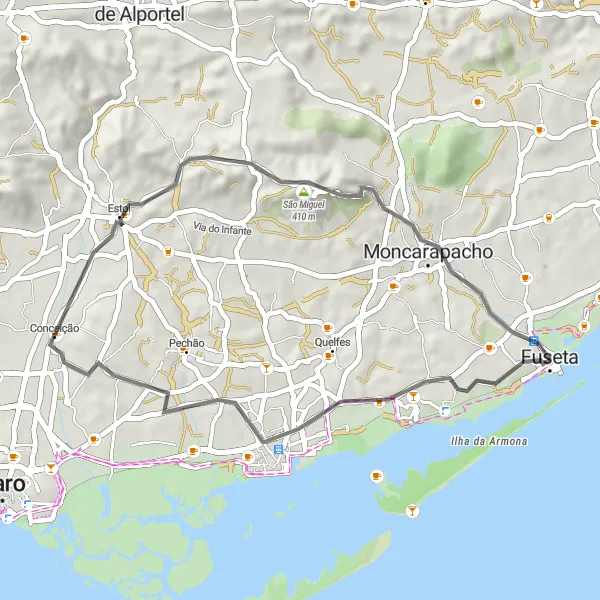 Miniatura do mapa de inspiração para ciclismo "Travessia de Olhão a Fuseta" em Algarve, Portugal. Gerado pelo planejador de rotas de ciclismo Tarmacs.app