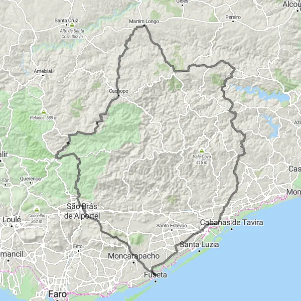 Map miniature of "Fuzeta - Moncarapacho - Cerro da Rocha - Águia - Barranco do Velho - Pedra - Cachopo - Martim Longo - Vaqueiros - Castelo - Ursa - Castelo de Tavira - Fuseta" cycling inspiration in Algarve, Portugal. Generated by Tarmacs.app cycling route planner