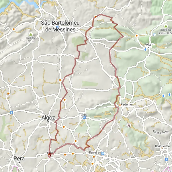 Miniatura do mapa de inspiração para ciclismo "Rota da Rocha de Messines" em Algarve, Portugal. Gerado pelo planejador de rotas de ciclismo Tarmacs.app