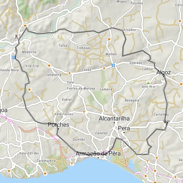 Miniatura do mapa de inspiração para ciclismo "Rota dos Castelos e História" em Algarve, Portugal. Gerado pelo planejador de rotas de ciclismo Tarmacs.app