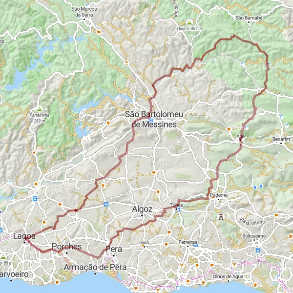 Miniatura do mapa de inspiração para ciclismo "Trilho Gravel até Porches" em Algarve, Portugal. Gerado pelo planejador de rotas de ciclismo Tarmacs.app