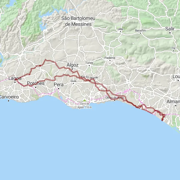Miniatura do mapa de inspiração para ciclismo "Desafio Épico pelo Algarve Interior" em Algarve, Portugal. Gerado pelo planejador de rotas de ciclismo Tarmacs.app