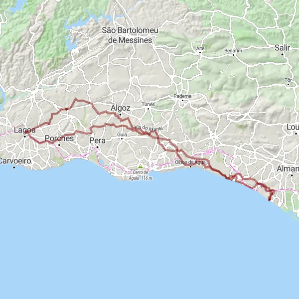 Map miniature of "Hidden Gravel Trails" cycling inspiration in Algarve, Portugal. Generated by Tarmacs.app cycling route planner