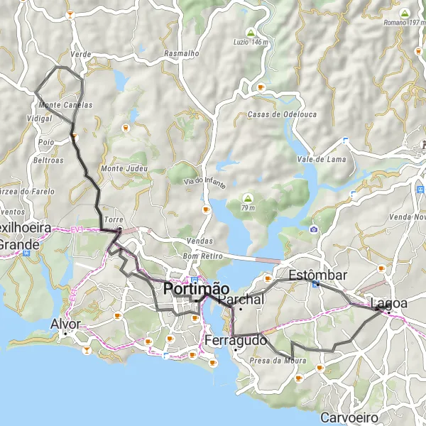 Miniatura do mapa de inspiração para ciclismo "Rota Escondida da Costa Algarvia" em Algarve, Portugal. Gerado pelo planejador de rotas de ciclismo Tarmacs.app