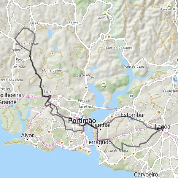 Map miniature of "Coastal Delights" cycling inspiration in Algarve, Portugal. Generated by Tarmacs.app cycling route planner