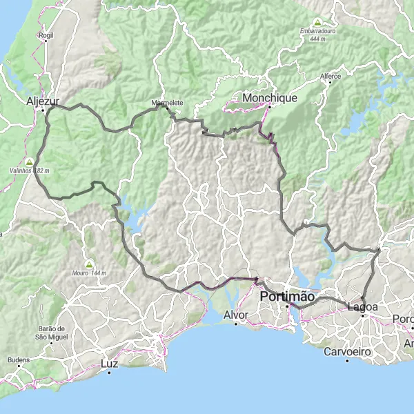 Miniatura do mapa de inspiração para ciclismo "Rota Panorâmica pela Serra Algarvia" em Algarve, Portugal. Gerado pelo planejador de rotas de ciclismo Tarmacs.app