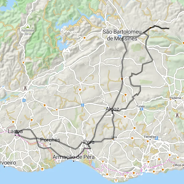 Miniatura do mapa de inspiração para ciclismo "Exploração de Lagoa e Arredores" em Algarve, Portugal. Gerado pelo planejador de rotas de ciclismo Tarmacs.app