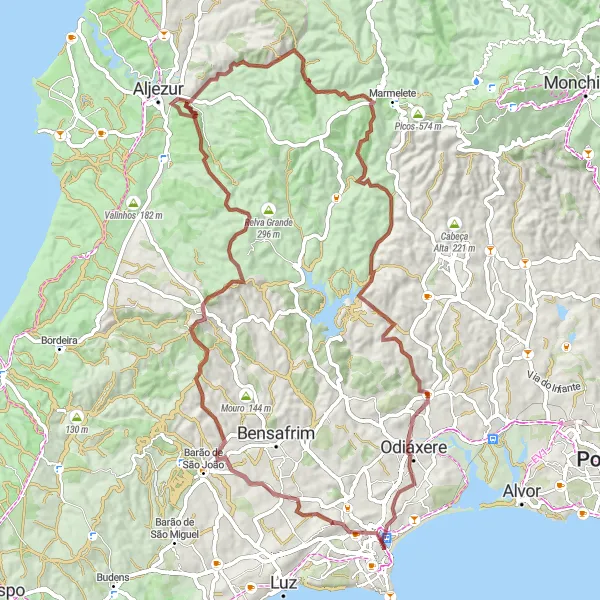 Miniatura do mapa de inspiração para ciclismo "Rota Gravel de Lagos a Achadas" em Algarve, Portugal. Gerado pelo planejador de rotas de ciclismo Tarmacs.app